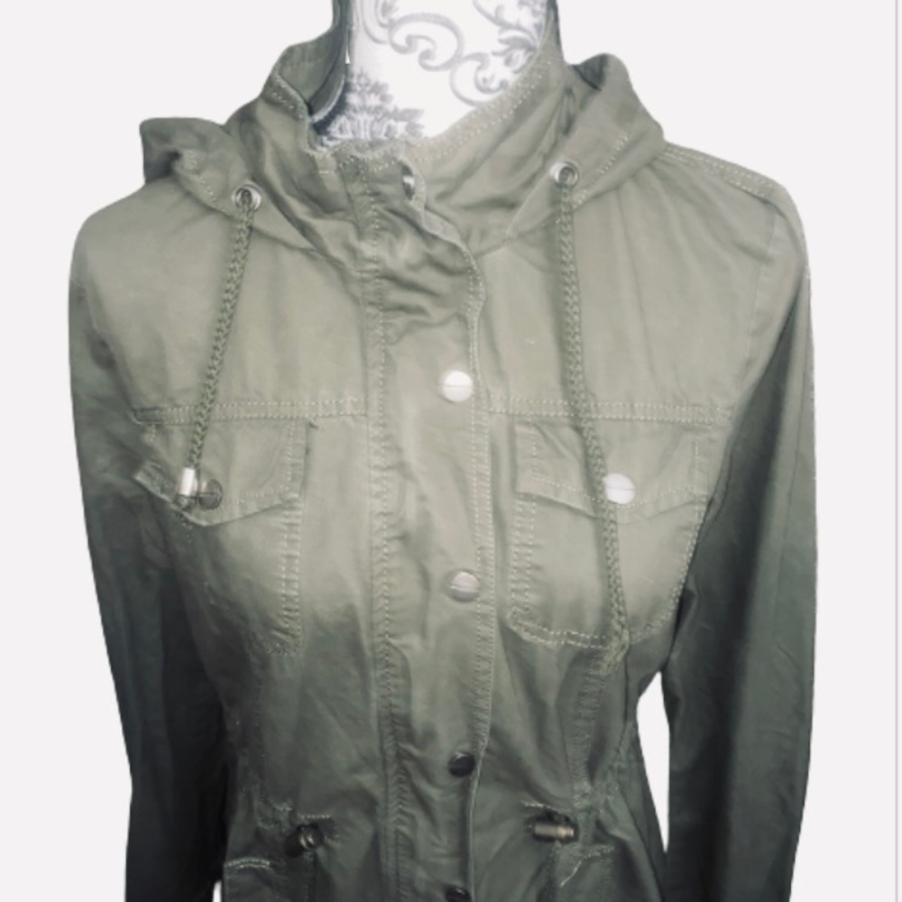 Ashley Brand Small Cargo Olive Green 100% Cotton Full Zip Hooded Utility Jacket - Picture 3 of 11